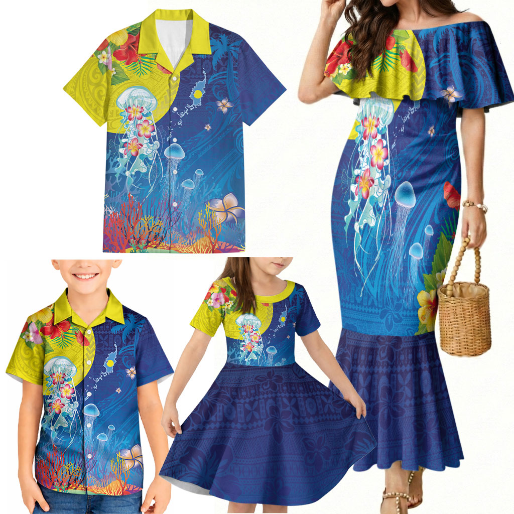 Palau Family Matching Mermaid Dress and Hawaiian Shirt Jellyfish with Coral Reefs Ocean Vibe and Tapa Pattern LT03 - Polynesian Pride