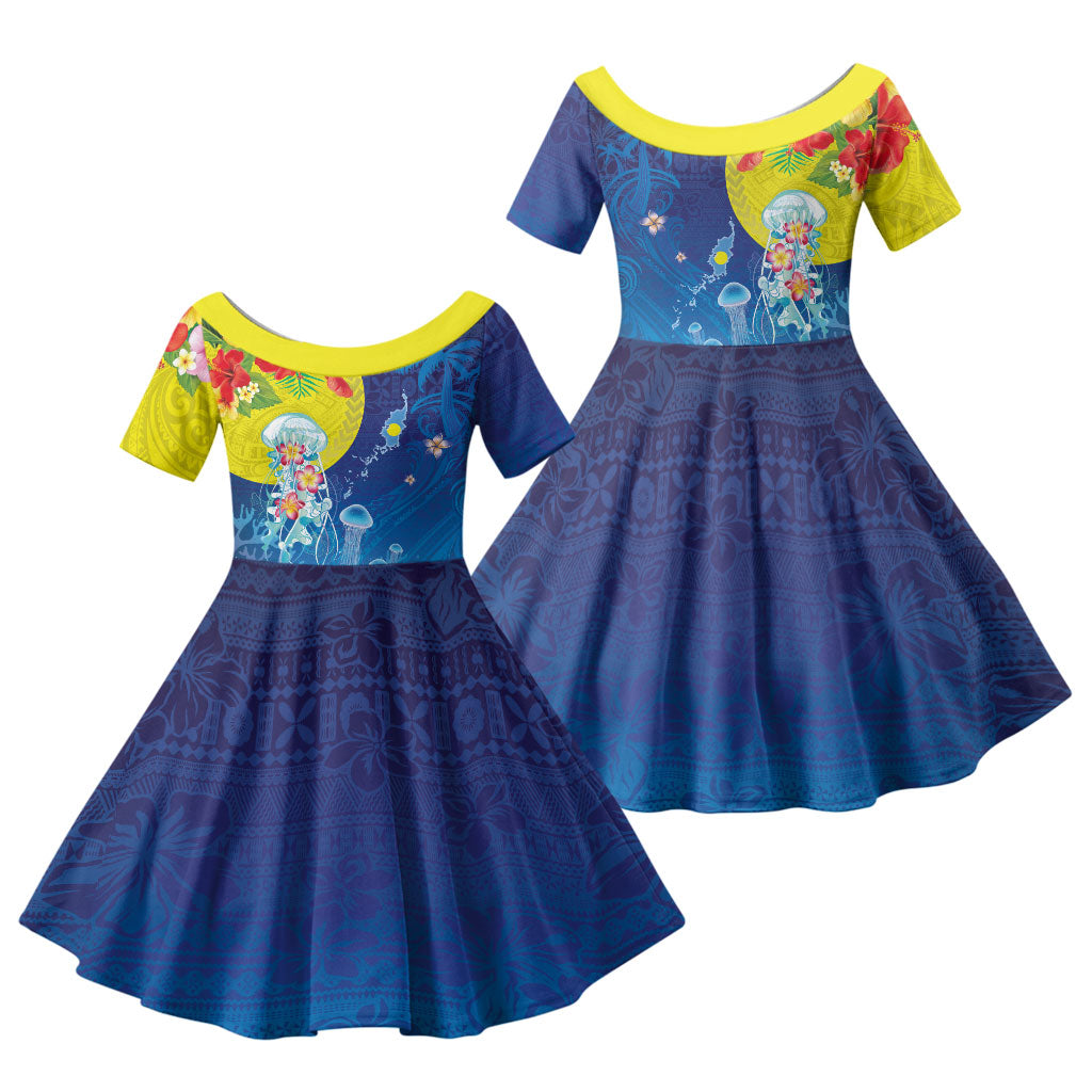 Palau Family Matching Mermaid Dress and Hawaiian Shirt Jellyfish with Coral Reefs Ocean Vibe and Tapa Pattern LT03 Daughter's Dress Blue - Polynesian Pride