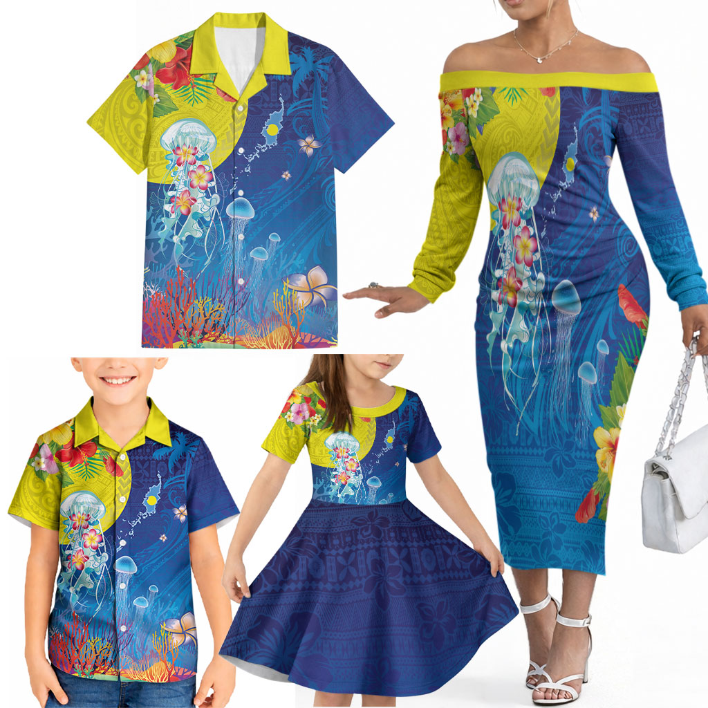 Palau Family Matching Off The Shoulder Long Sleeve Dress and Hawaiian Shirt Jellyfish with Coral Reefs Ocean Vibe and Tapa Pattern LT03 - Polynesian Pride
