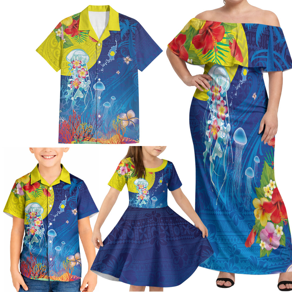 Palau Family Matching Off Shoulder Maxi Dress and Hawaiian Shirt Jellyfish with Coral Reefs Ocean Vibe and Tapa Pattern LT03 - Polynesian Pride