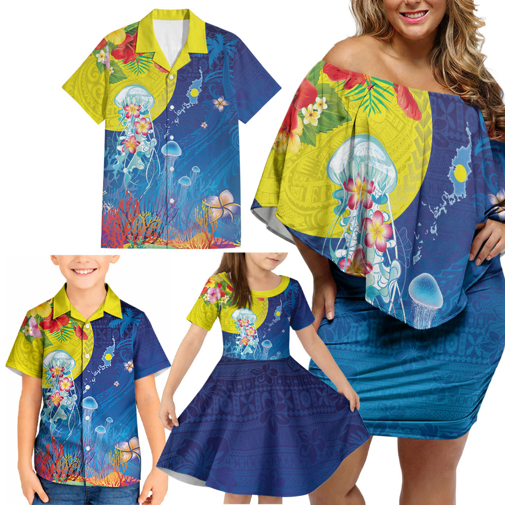 Palau Family Matching Off Shoulder Short Dress and Hawaiian Shirt Jellyfish with Coral Reefs Ocean Vibe and Tapa Pattern LT03 - Polynesian Pride
