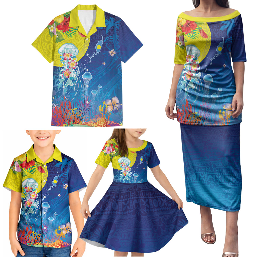 Palau Family Matching Puletasi and Hawaiian Shirt Jellyfish with Coral Reefs Ocean Vibe and Tapa Pattern LT03 - Polynesian Pride