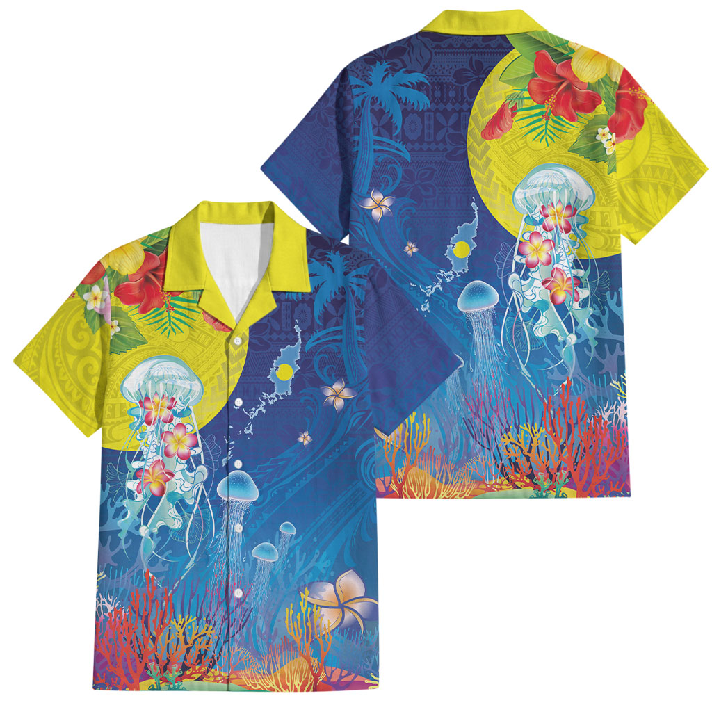Palau Family Matching Puletasi and Hawaiian Shirt Jellyfish with Coral Reefs Ocean Vibe and Tapa Pattern LT03 Dad's Shirt - Short Sleeve Blue - Polynesian Pride