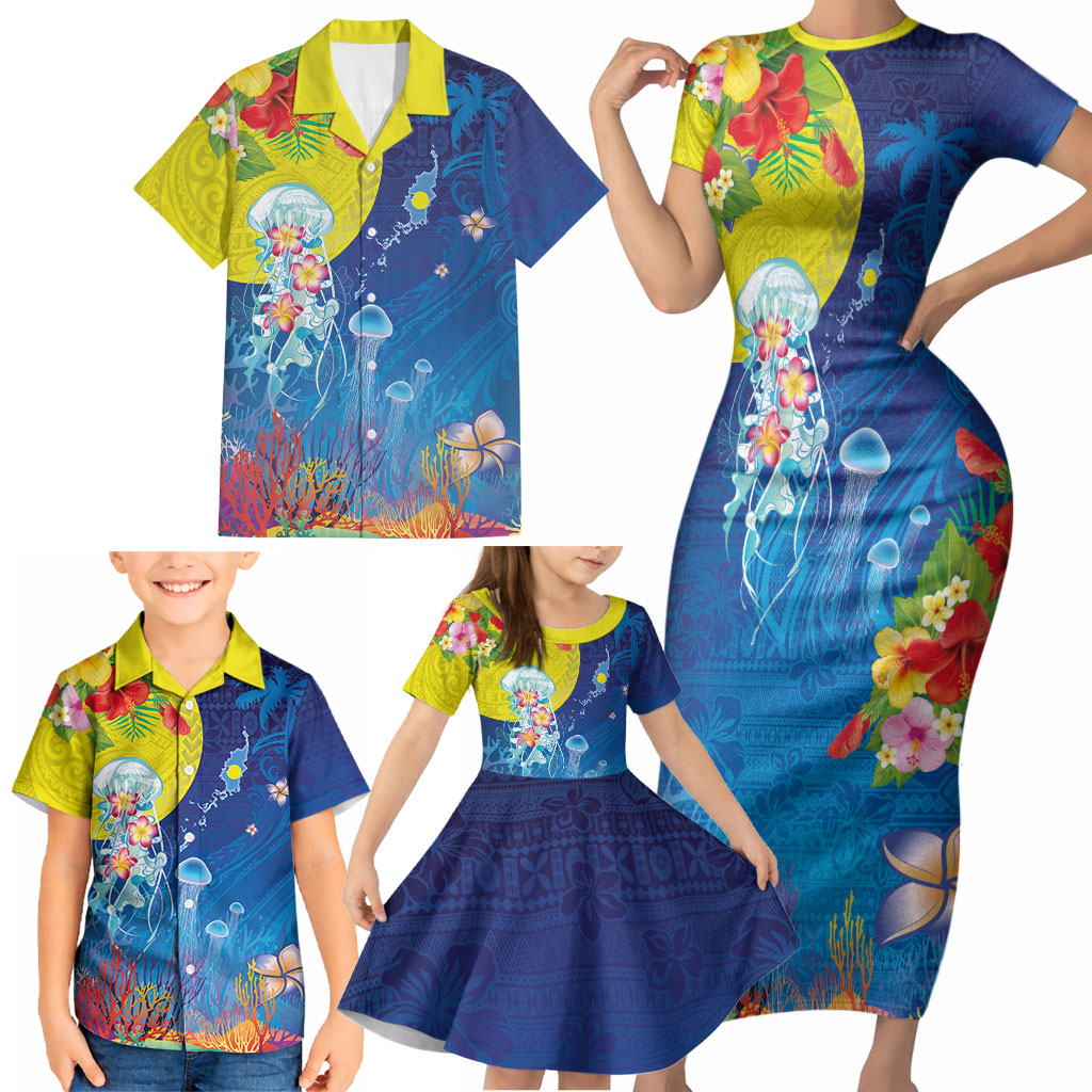 Palau Family Matching Short Sleeve Bodycon Dress and Hawaiian Shirt Jellyfish with Coral Reefs Ocean Vibe and Tapa Pattern LT03 - Polynesian Pride