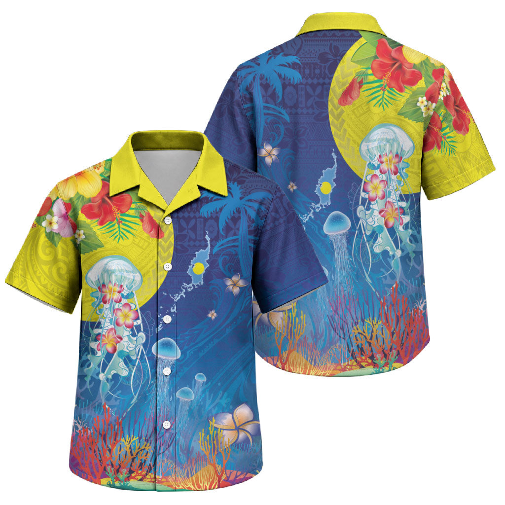 Palau Family Matching Summer Maxi Dress and Hawaiian Shirt Jellyfish with Coral Reefs Ocean Vibe and Tapa Pattern LT03 Son's Shirt Blue - Polynesian Pride