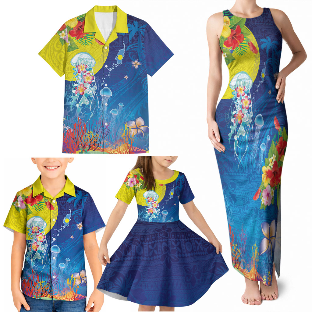 Palau Family Matching Tank Maxi Dress and Hawaiian Shirt Jellyfish with Coral Reefs Ocean Vibe and Tapa Pattern LT03 - Polynesian Pride