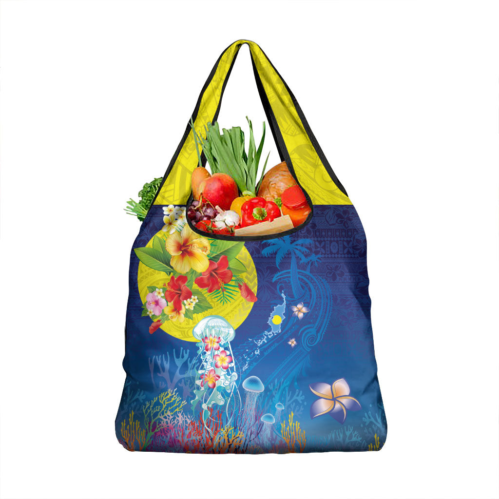 Palau Grocery Bag Jellyfish with Coral Reefs Ocean Vibe and Tapa Pattern LT03 1-pack One Size Blue - Polynesian Pride