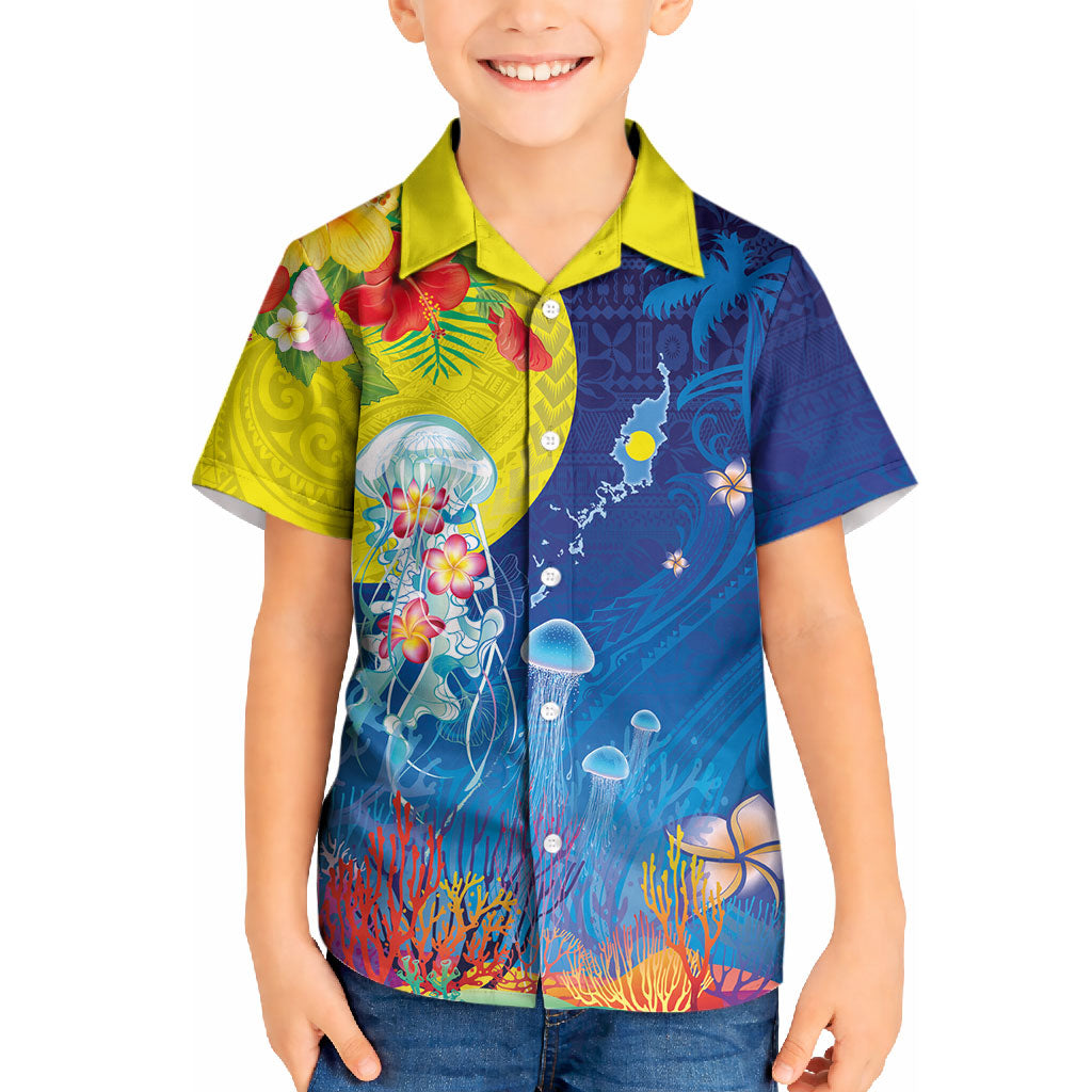 Palau Kid Hawaiian Shirt Jellyfish with Coral Reefs Ocean Vibe and Tapa Pattern LT03 Kid Blue - Polynesian Pride