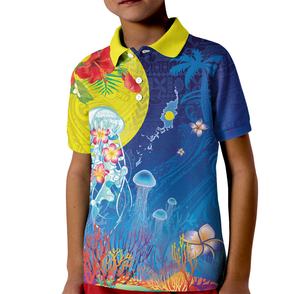 Palau Kid Polo Shirt Jellyfish with Coral Reefs Ocean Vibe and Tapa Pattern LT03 Kid Blue - Polynesian Pride