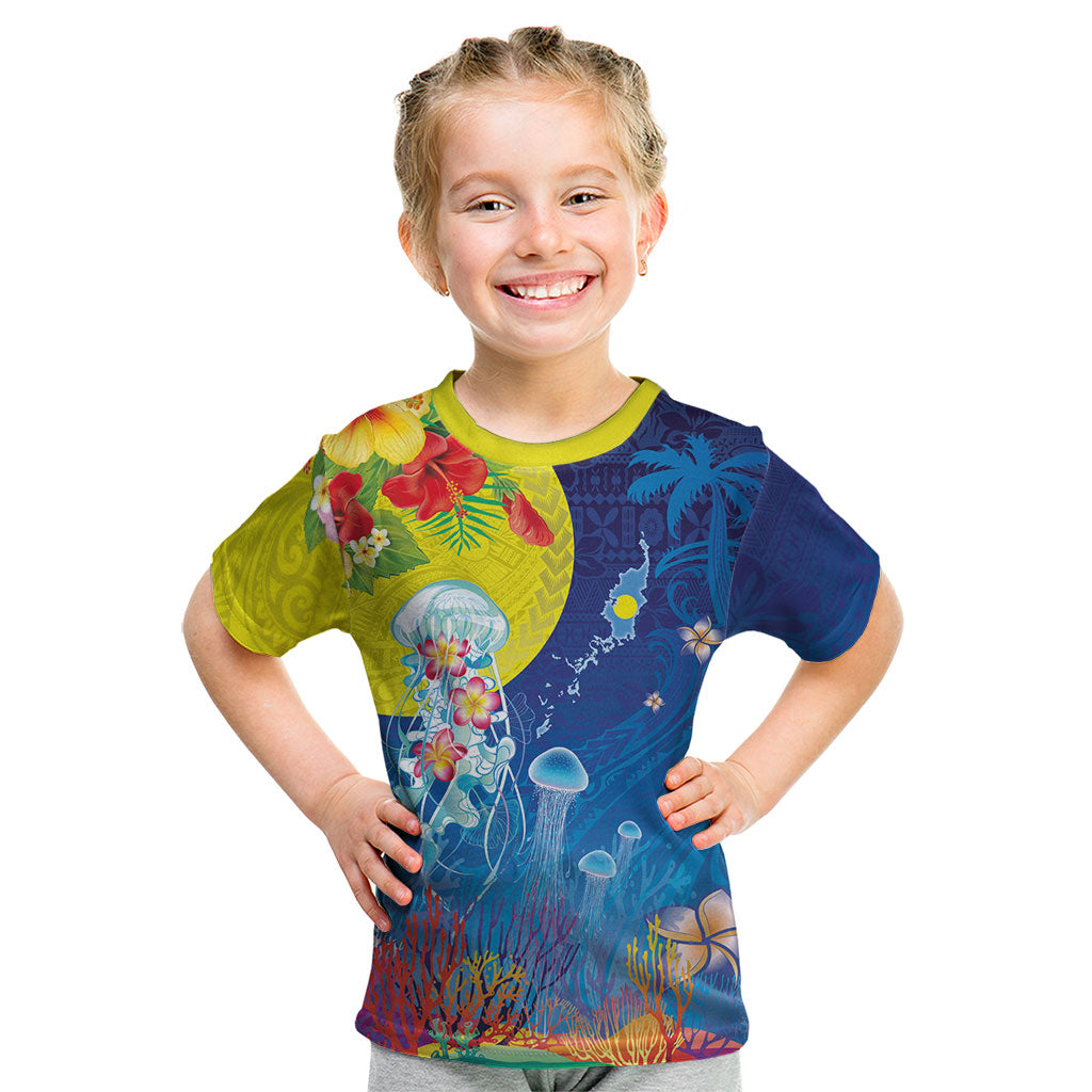 Palau Kid T Shirt Jellyfish with Coral Reefs Ocean Vibe and Tapa Pattern LT03 Blue - Polynesian Pride