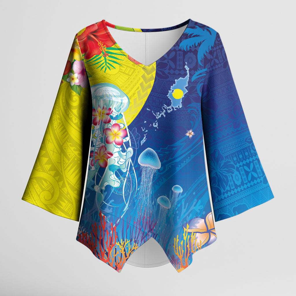 Palau Kimono Sleeve Blouse Jellyfish with Coral Reefs Ocean Vibe and Tapa Pattern LT03 Female Blue - Polynesian Pride