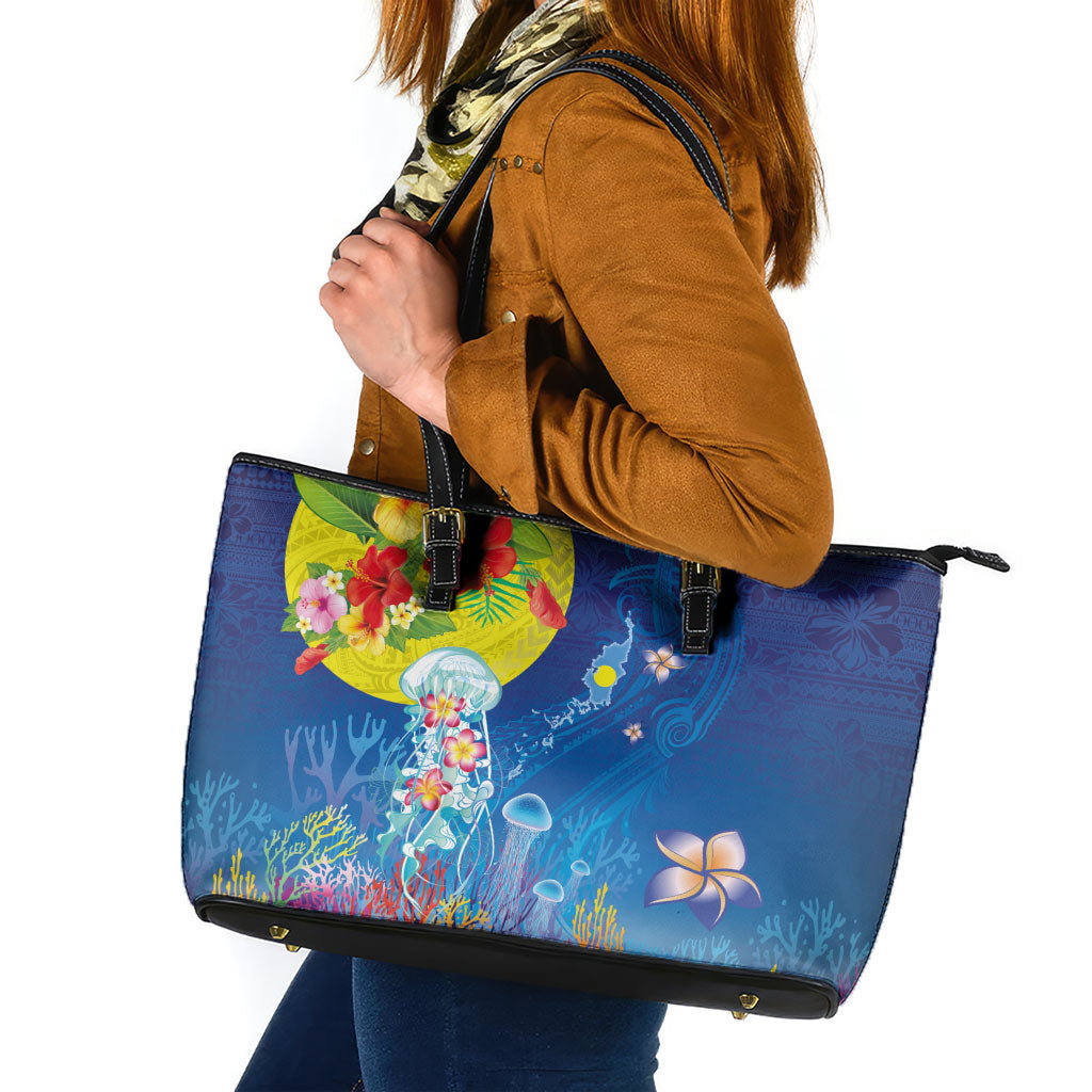 Palau Leather Tote Bag Jellyfish with Coral Reefs Ocean Vibe and Tapa Pattern LT03 Blue - Polynesian Pride