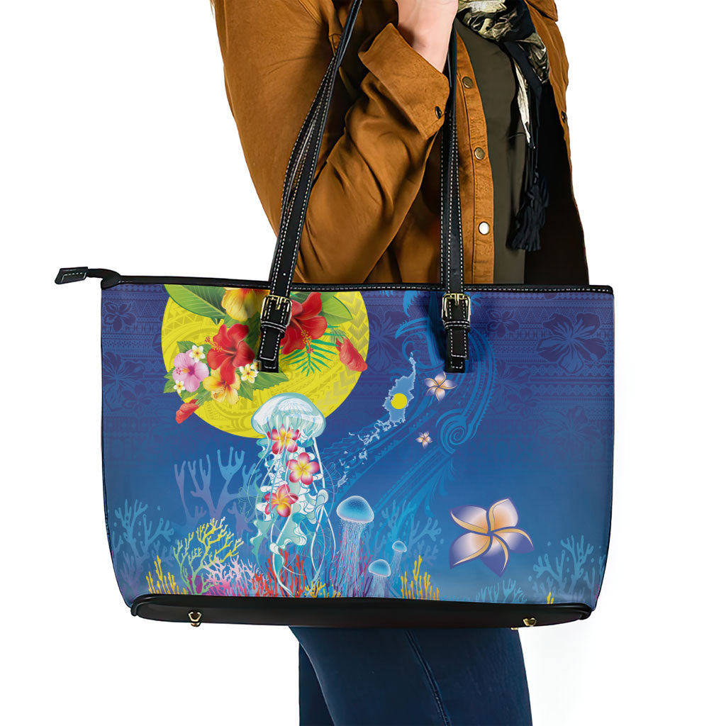 Palau Leather Tote Bag Jellyfish with Coral Reefs Ocean Vibe and Tapa Pattern LT03 - Polynesian Pride