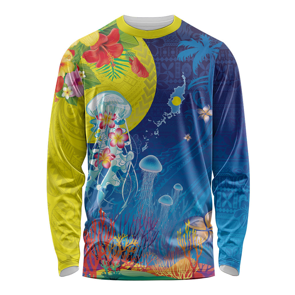 Palau Long Sleeve Shirt Jellyfish with Coral Reefs Ocean Vibe and Tapa Pattern LT03 Unisex Blue - Polynesian Pride