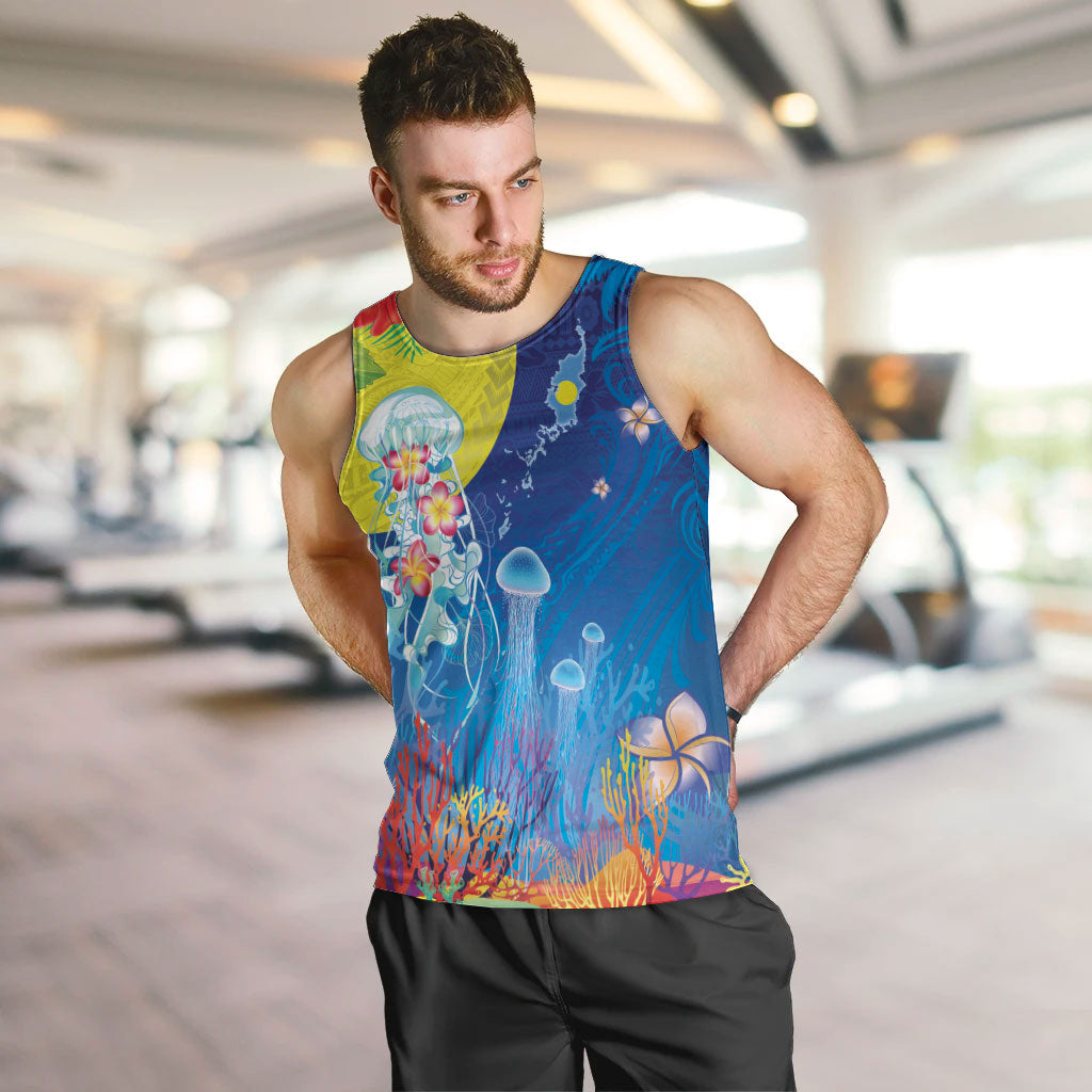 Palau Men Tank Top Jellyfish with Coral Reefs Ocean Vibe and Tapa Pattern LT03 Blue - Polynesian Pride