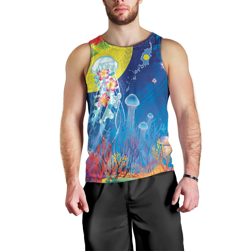 Palau Men Tank Top Jellyfish with Coral Reefs Ocean Vibe and Tapa Pattern LT03 - Polynesian Pride