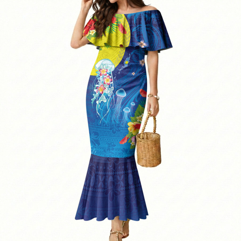 Palau Mermaid Dress Jellyfish with Coral Reefs Ocean Vibe and Tapa Pattern LT03 Women Blue - Polynesian Pride