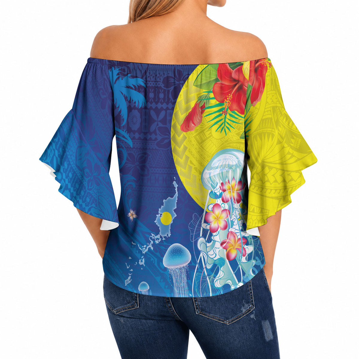 Palau Off Shoulder Wrap Waist Top Jellyfish with Coral Reefs Ocean Vibe and Tapa Pattern LT03 - Polynesian Pride
