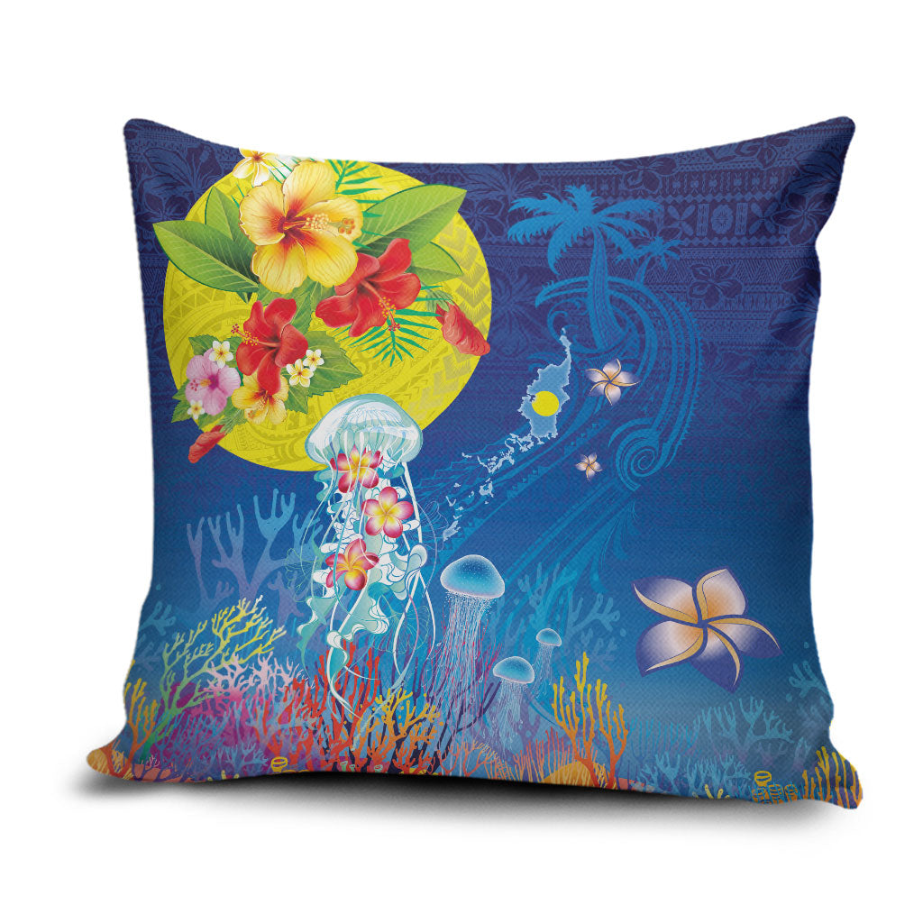Palau Pillow Cover Jellyfish with Coral Reefs Ocean Vibe and Tapa Pattern LT03 Blue - Polynesian Pride