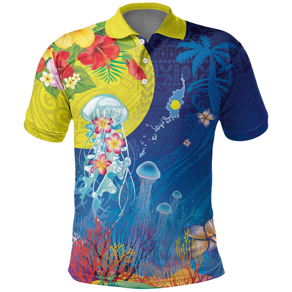 Palau Polo Shirt Jellyfish with Coral Reefs Ocean Vibe and Tapa Pattern LT03 Blue - Polynesian Pride