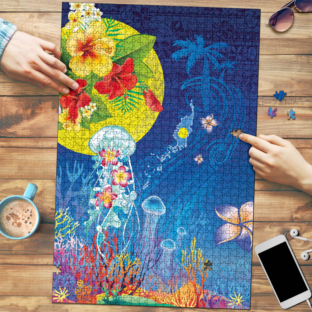 Palau Puzzle Jellyfish with Coral Reefs Ocean Vibe and Tapa Pattern LT03 Blue - Polynesian Pride