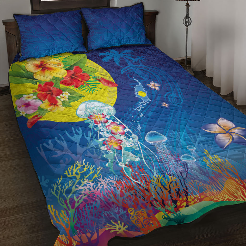 Palau Quilt Bed Set Jellyfish with Coral Reefs Ocean Vibe and Tapa Pattern LT03 Blue - Polynesian Pride