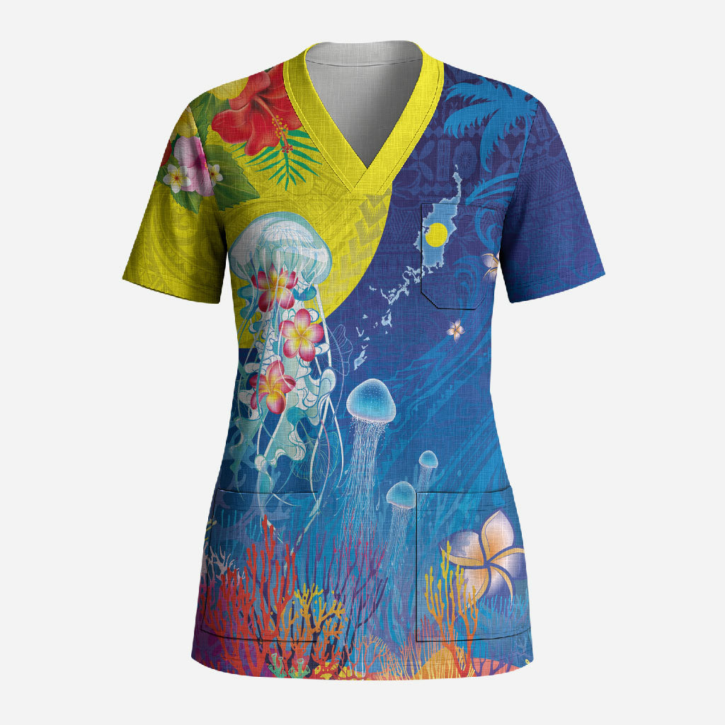 Palau Scrub Top Jellyfish with Coral Reefs Ocean Vibe and Tapa Pattern LT03 Adult Blue - Polynesian Pride