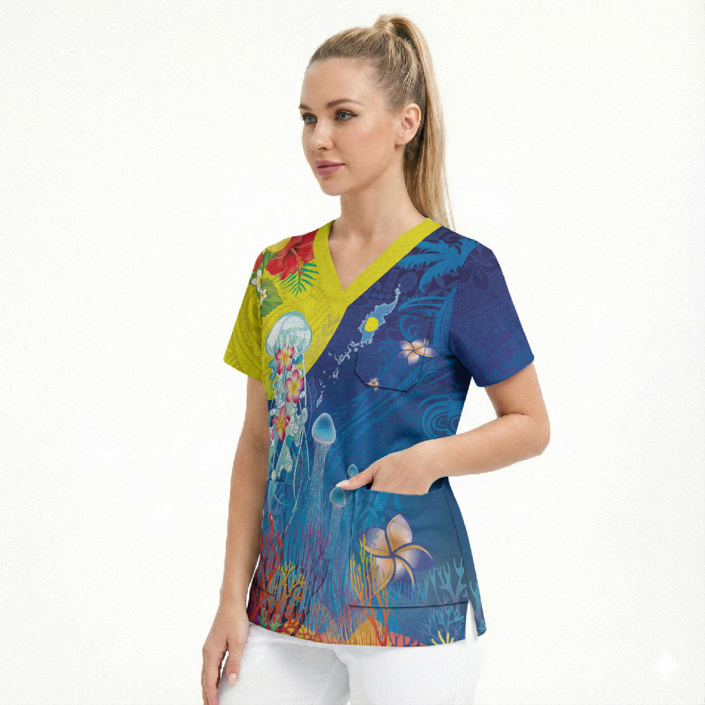 Palau Scrub Top Jellyfish with Coral Reefs Ocean Vibe and Tapa Pattern LT03 - Polynesian Pride
