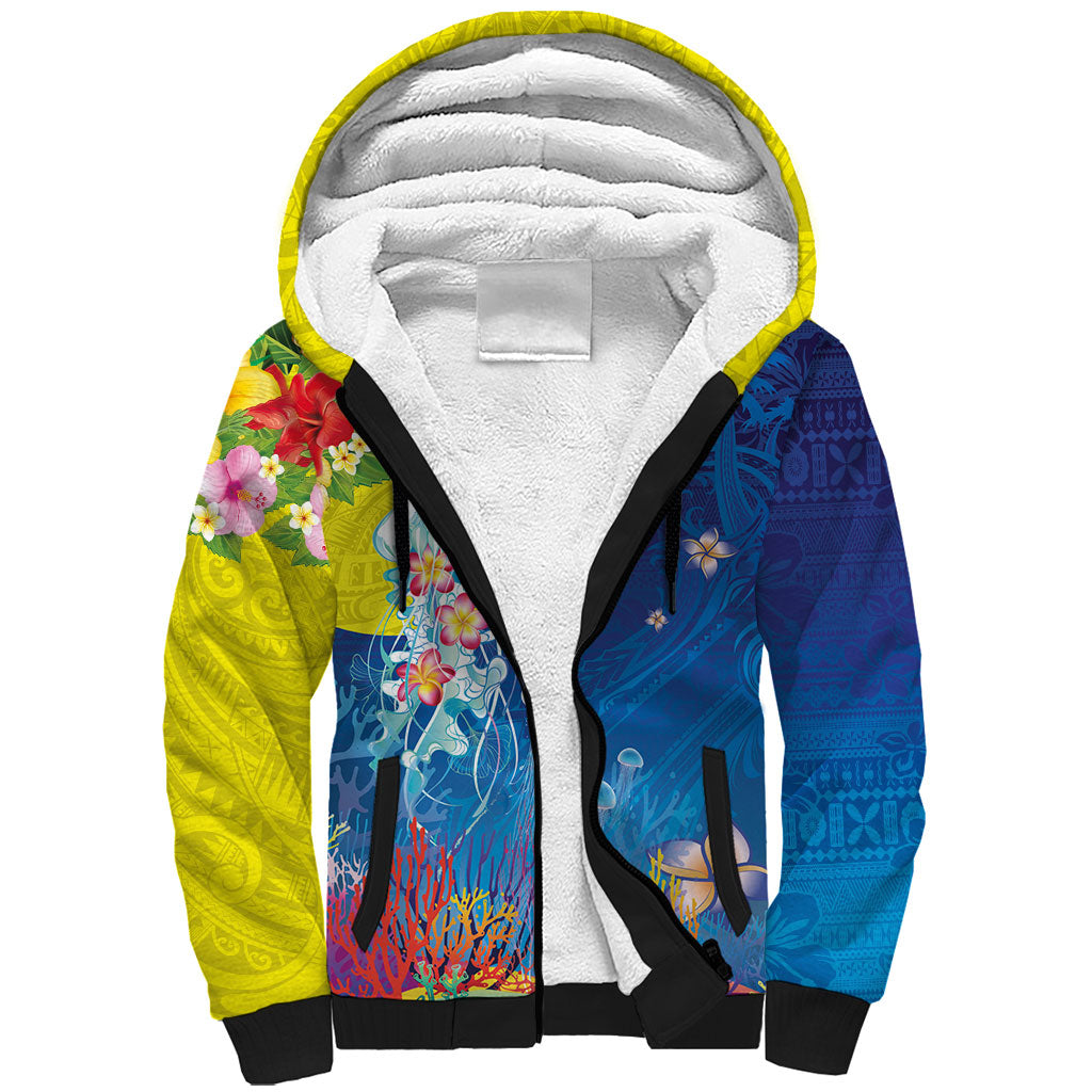 Palau Sherpa Hoodie Jellyfish with Coral Reefs Ocean Vibe and Tapa Pattern LT03 Unisex Blue - Polynesian Pride