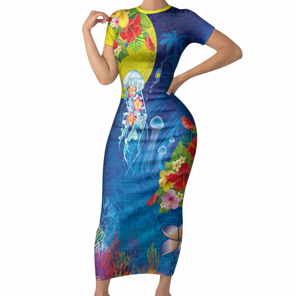 Palau Short Sleeve Bodycon Dress Jellyfish with Coral Reefs Ocean Vibe and Tapa Pattern LT03 Long Dress Blue - Polynesian Pride
