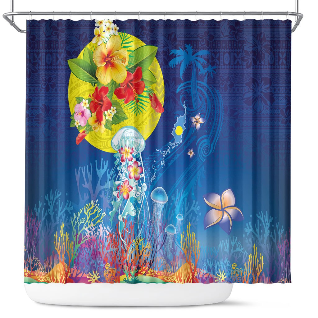 Palau Shower Curtain Jellyfish with Coral Reefs Ocean Vibe and Tapa Pattern LT03 Blue - Polynesian Pride