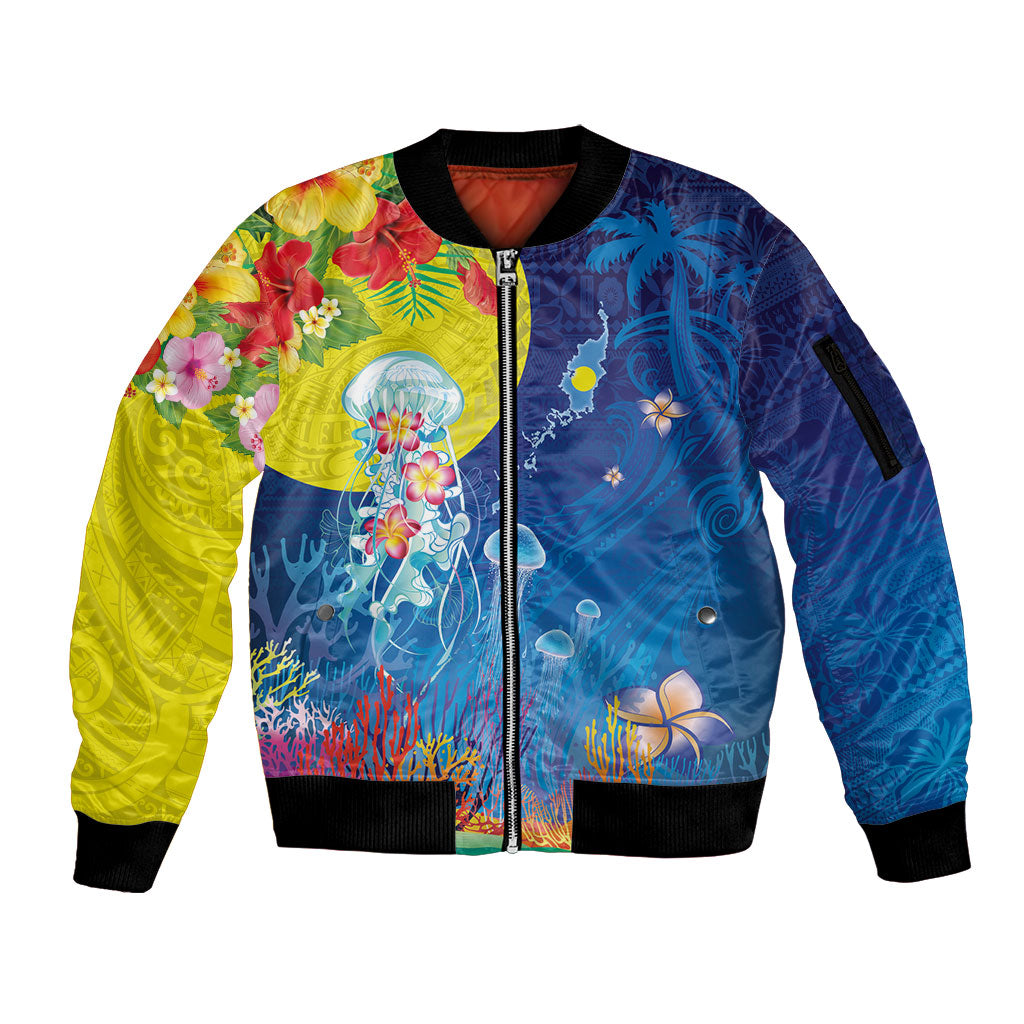 Palau Sleeve Zip Bomber Jacket Jellyfish with Coral Reefs Ocean Vibe and Tapa Pattern LT03 Unisex Blue - Polynesian Pride