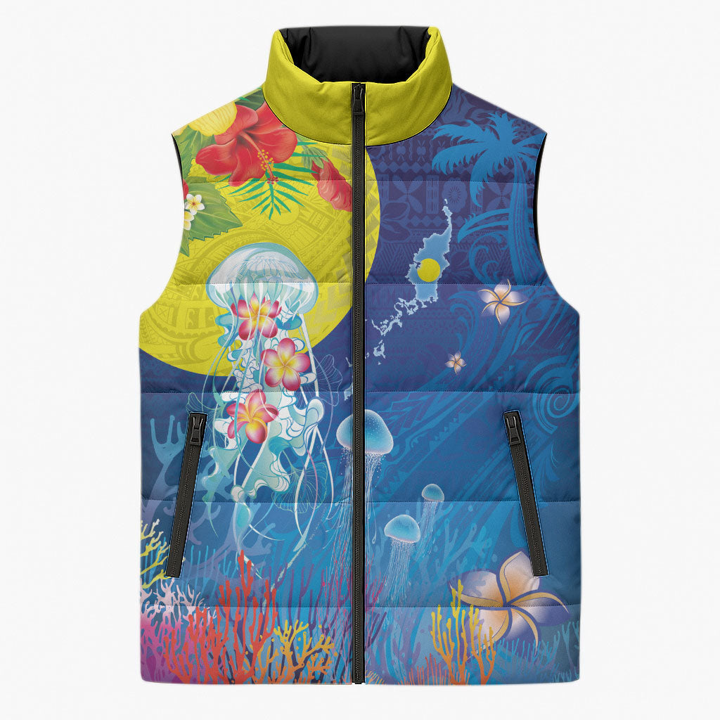 Palau Sleeveless Puffer Jacket Jellyfish with Coral Reefs Ocean Vibe and Tapa Pattern LT03 Unisex Blue - Polynesian Pride
