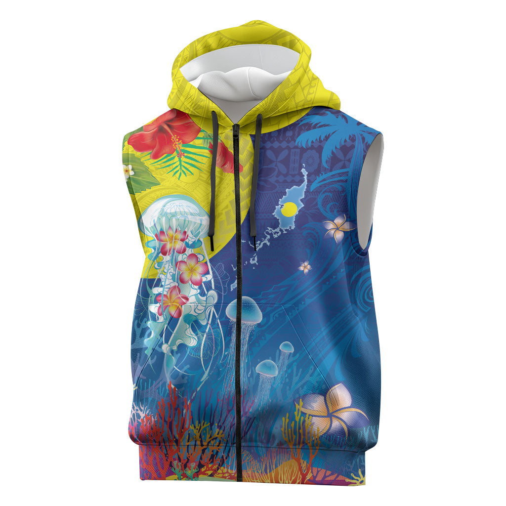 Palau Sleeveless Zip Hoodie Jellyfish with Coral Reefs Ocean Vibe and Tapa Pattern LT03 Blue - Polynesian Pride