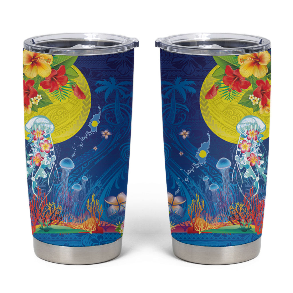 Palau Tumbler Cup Jellyfish with Coral Reefs Ocean Vibe and Tapa Pattern LT03 Blue - Polynesian Pride