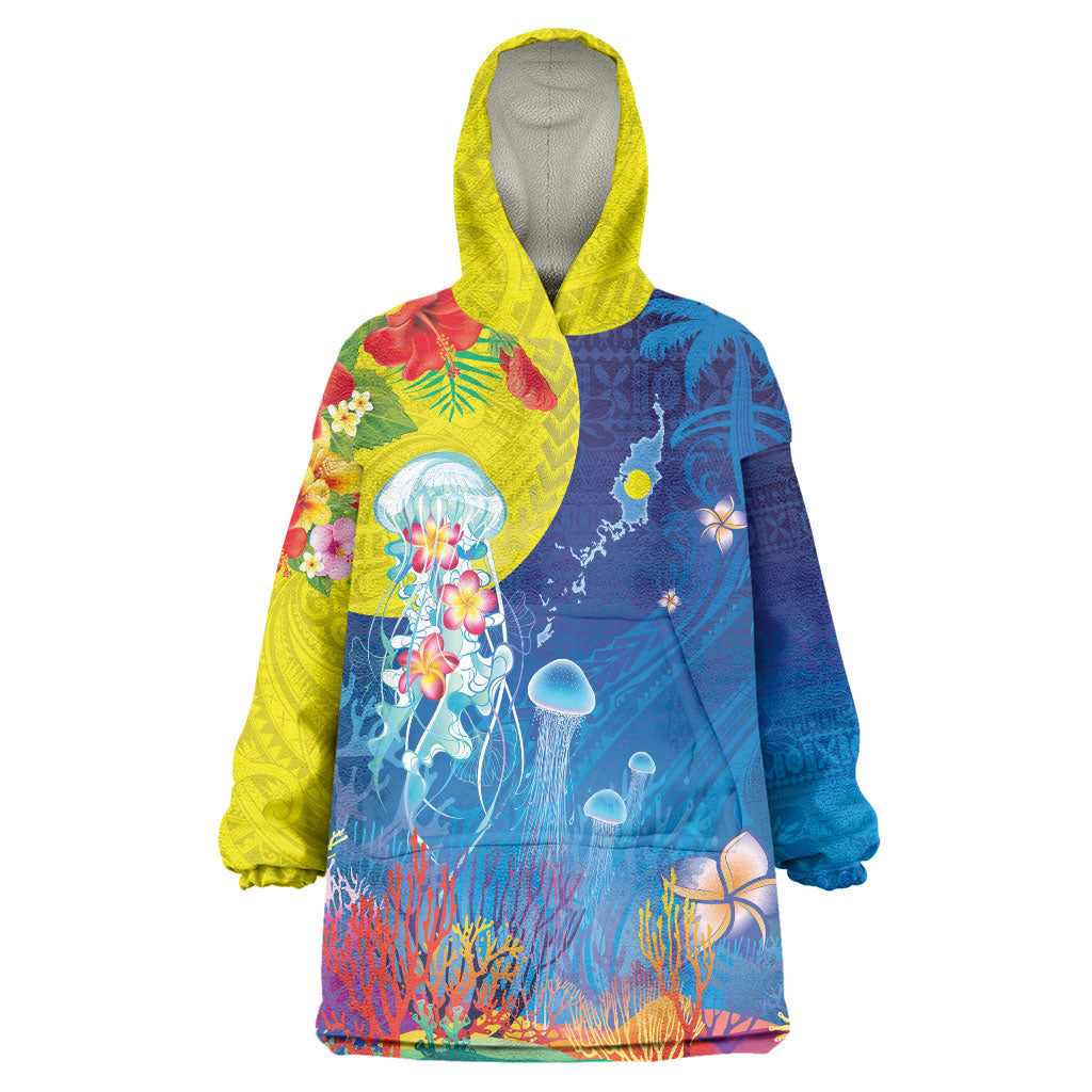 Palau Wearable Blanket Hoodie Jellyfish with Coral Reefs Ocean Vibe and Tapa Pattern LT03 One Size Blue - Polynesian Pride