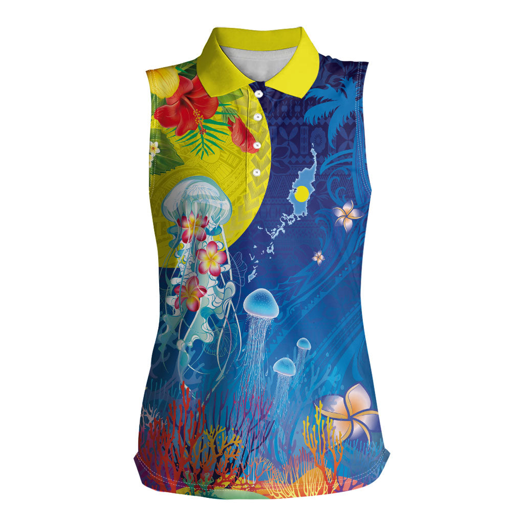 Palau Women Sleeveless Polo Shirt Jellyfish with Coral Reefs Ocean Vibe and Tapa Pattern LT03 Female Blue - Polynesian Pride