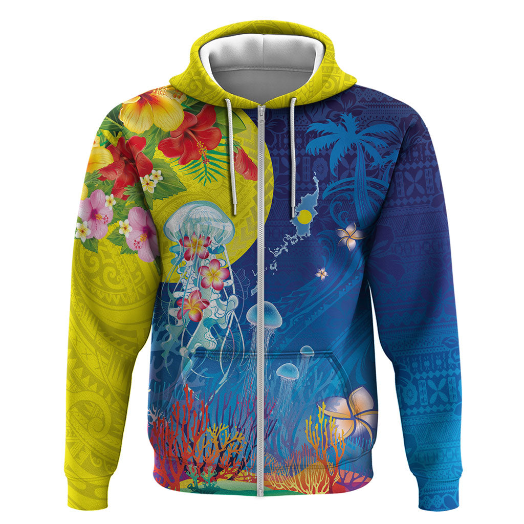 Palau Zip Hoodie Jellyfish with Coral Reefs Ocean Vibe and Tapa Pattern LT03 Zip Hoodie Blue - Polynesian Pride