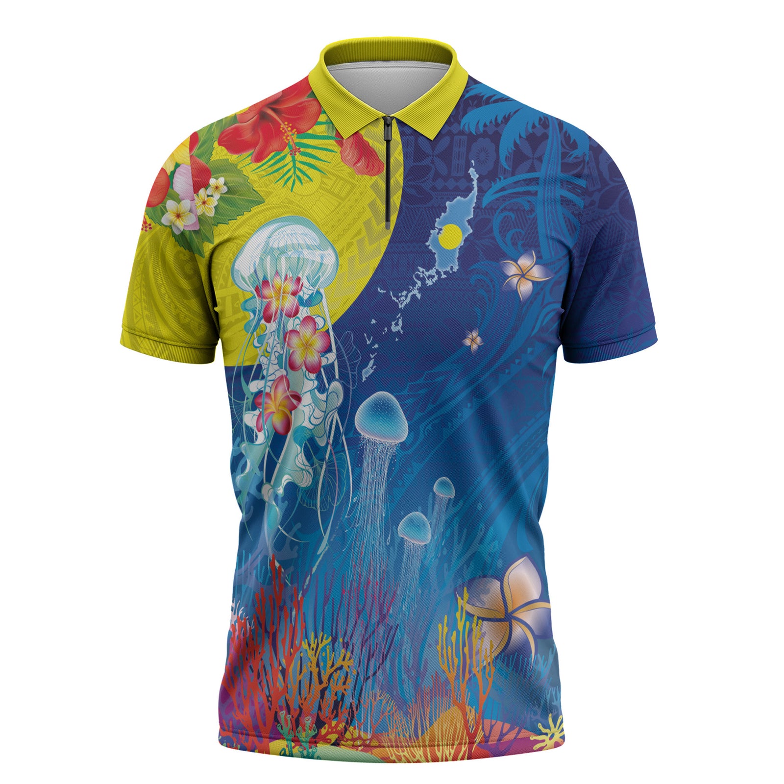 Palau Zipper Polo Shirt Jellyfish with Coral Reefs Ocean Vibe and Tapa Pattern LT03 Blue - Polynesian Pride
