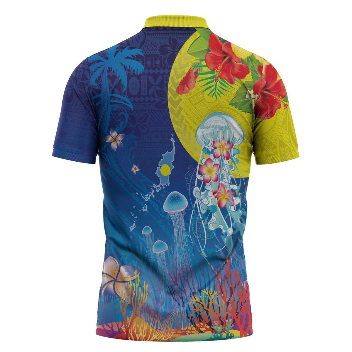 Palau Zipper Polo Shirt Jellyfish with Coral Reefs Ocean Vibe and Tapa Pattern LT03 - Polynesian Pride