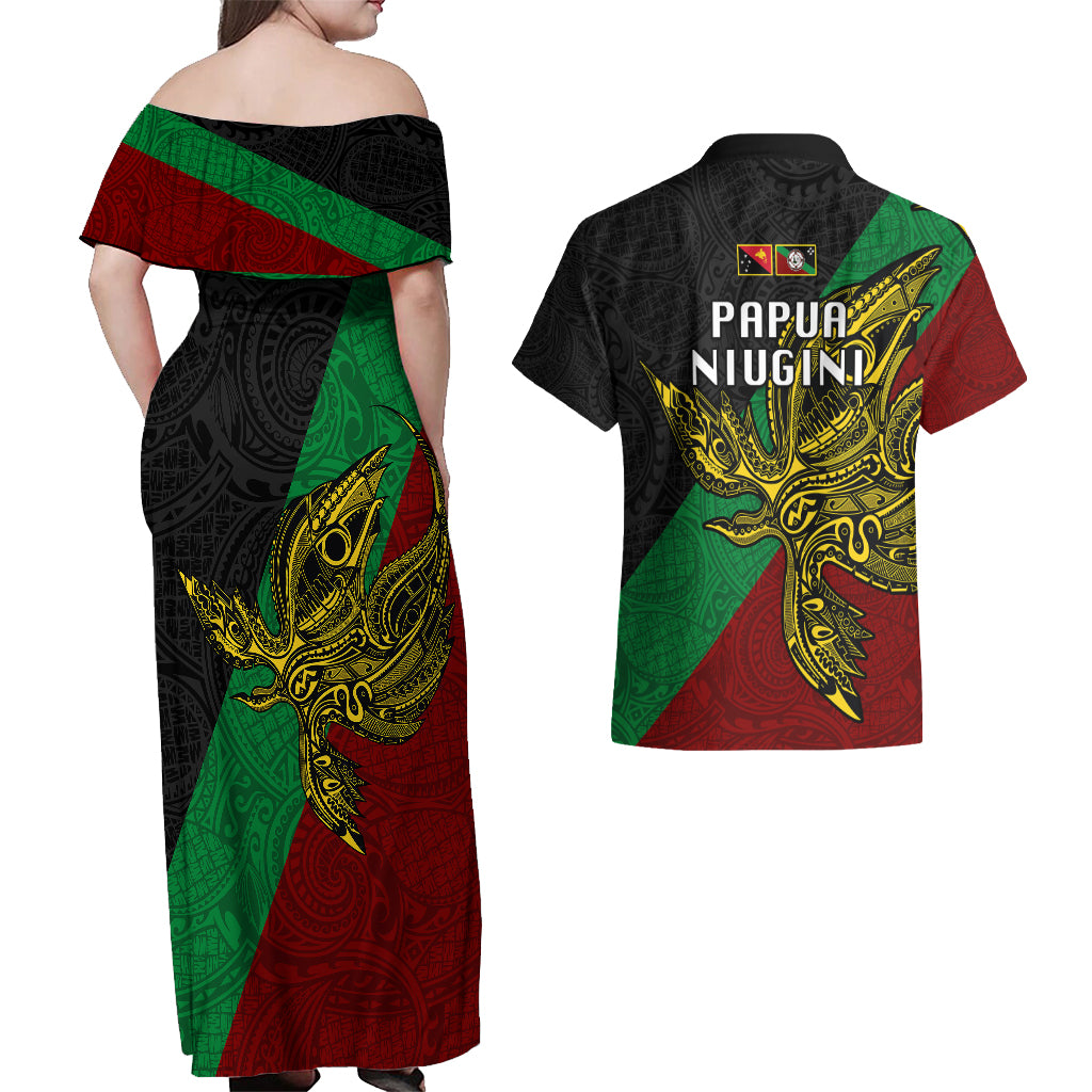 Papua New Guinea East New Britain Province Couples Matching Off Shoulder Maxi Dress and Hawaiian Shirt PNG Birds Of Paradise Polynesian Arty Style LT03 - Polynesian Pride