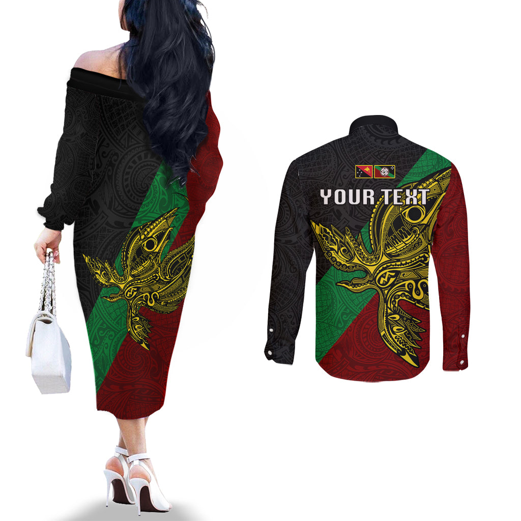 Custom Papua New Guinea East New Britain Province Couples Matching Off The Shoulder Long Sleeve Dress and Long Sleeve Button Shirts PNG Birds Of Paradise Polynesian Arty Style LT03 - Polynesian Pride