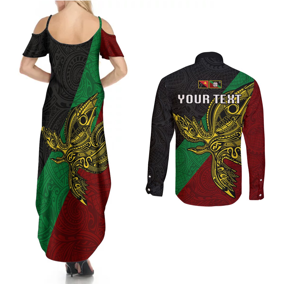 Custom Papua New Guinea East New Britain Province Couples Matching Summer Maxi Dress and Long Sleeve Button Shirts PNG Birds Of Paradise Polynesian Arty Style LT03 - Polynesian Pride