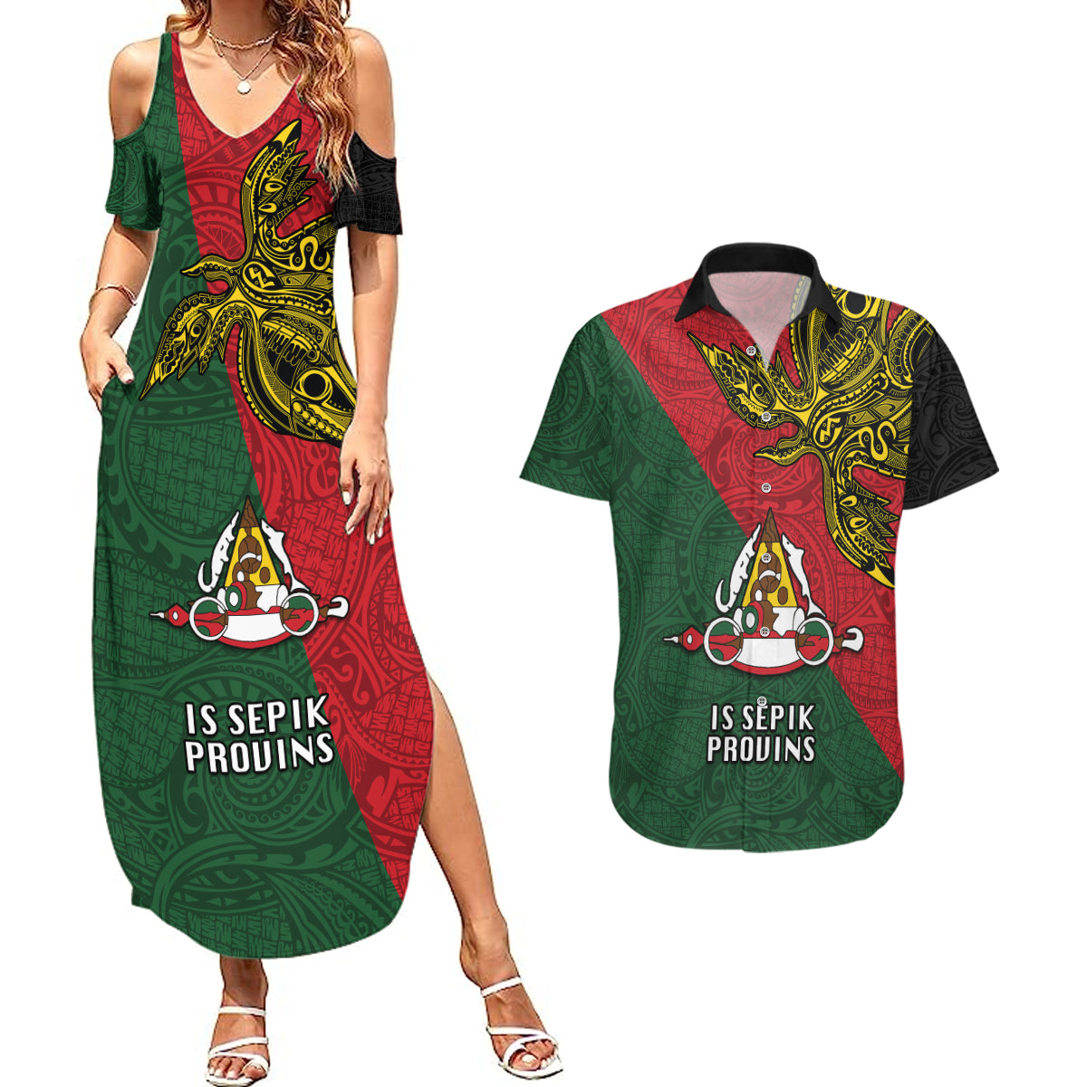 Papua New Guinea East Sepik Province Couples Matching Summer Maxi Dress and Hawaiian Shirt PNG Birds Of Paradise Polynesian Arty Style LT03 Green - Polynesian Pride