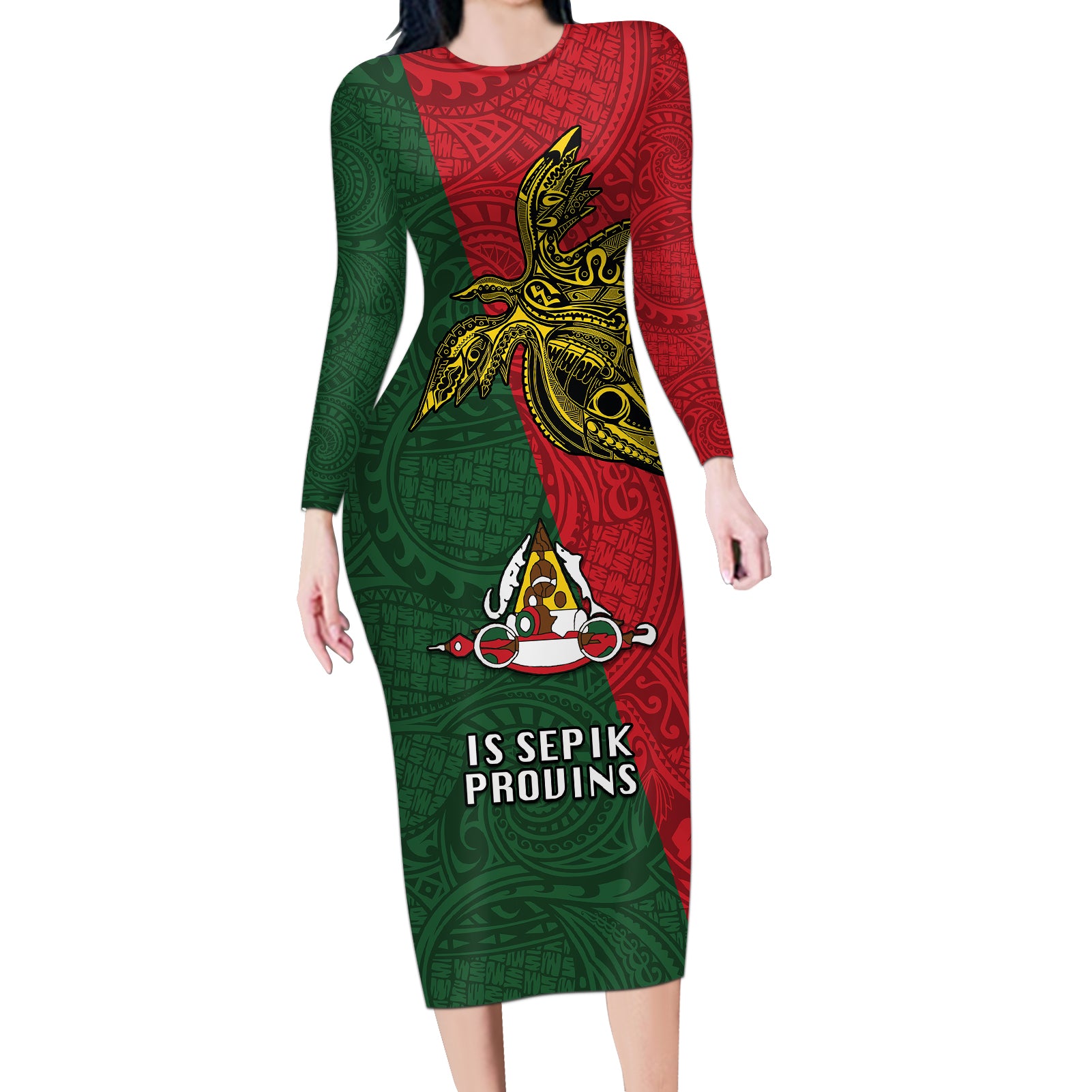 Papua New Guinea East Sepik Province Long Sleeve Bodycon Dress PNG Birds Of Paradise Polynesian Arty Style LT03 Long Dress Green - Polynesian Pride