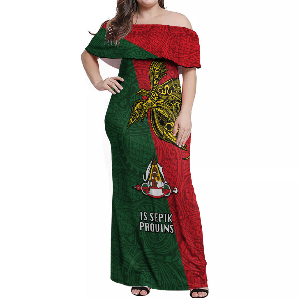 Papua New Guinea East Sepik Province Off Shoulder Maxi Dress PNG Birds Of Paradise Polynesian Arty Style LT03 Women Green - Polynesian Pride