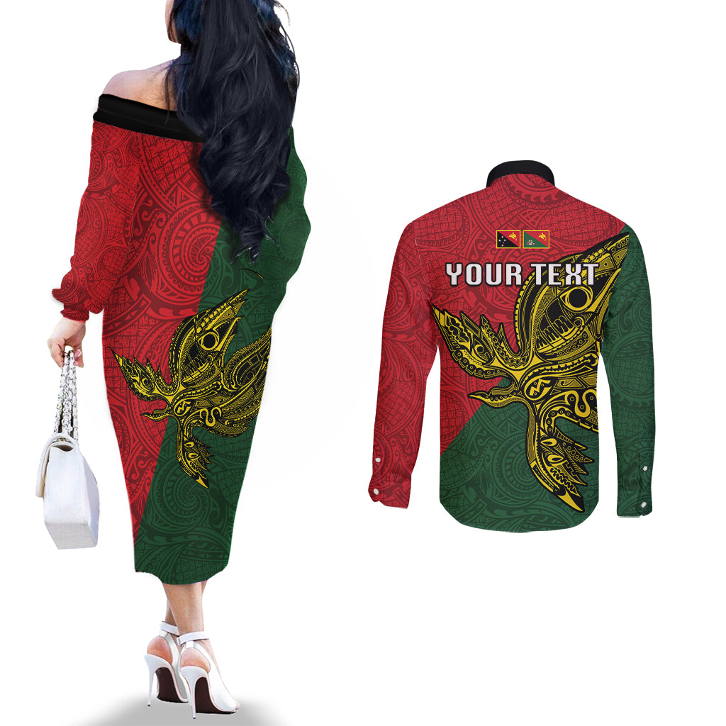 Custom Papua New Guinea East Sepik Province Couples Matching Off The Shoulder Long Sleeve Dress and Long Sleeve Button Shirts PNG Birds Of Paradise Polynesian Arty Style LT03 - Polynesian Pride