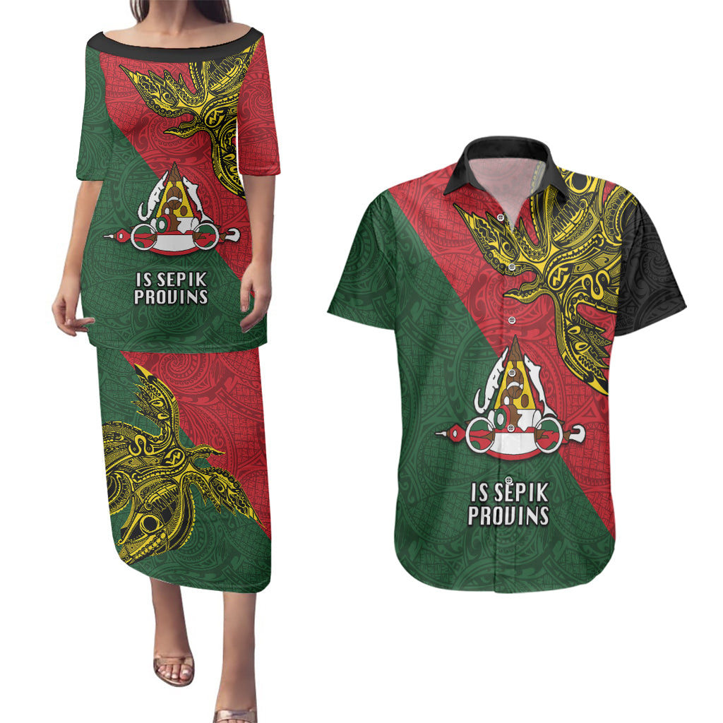 Custom Papua New Guinea East Sepik Province Couples Matching Puletasi Dress and Hawaiian Shirt PNG Birds Of Paradise Polynesian Arty Style LT03 Green - Polynesian Pride