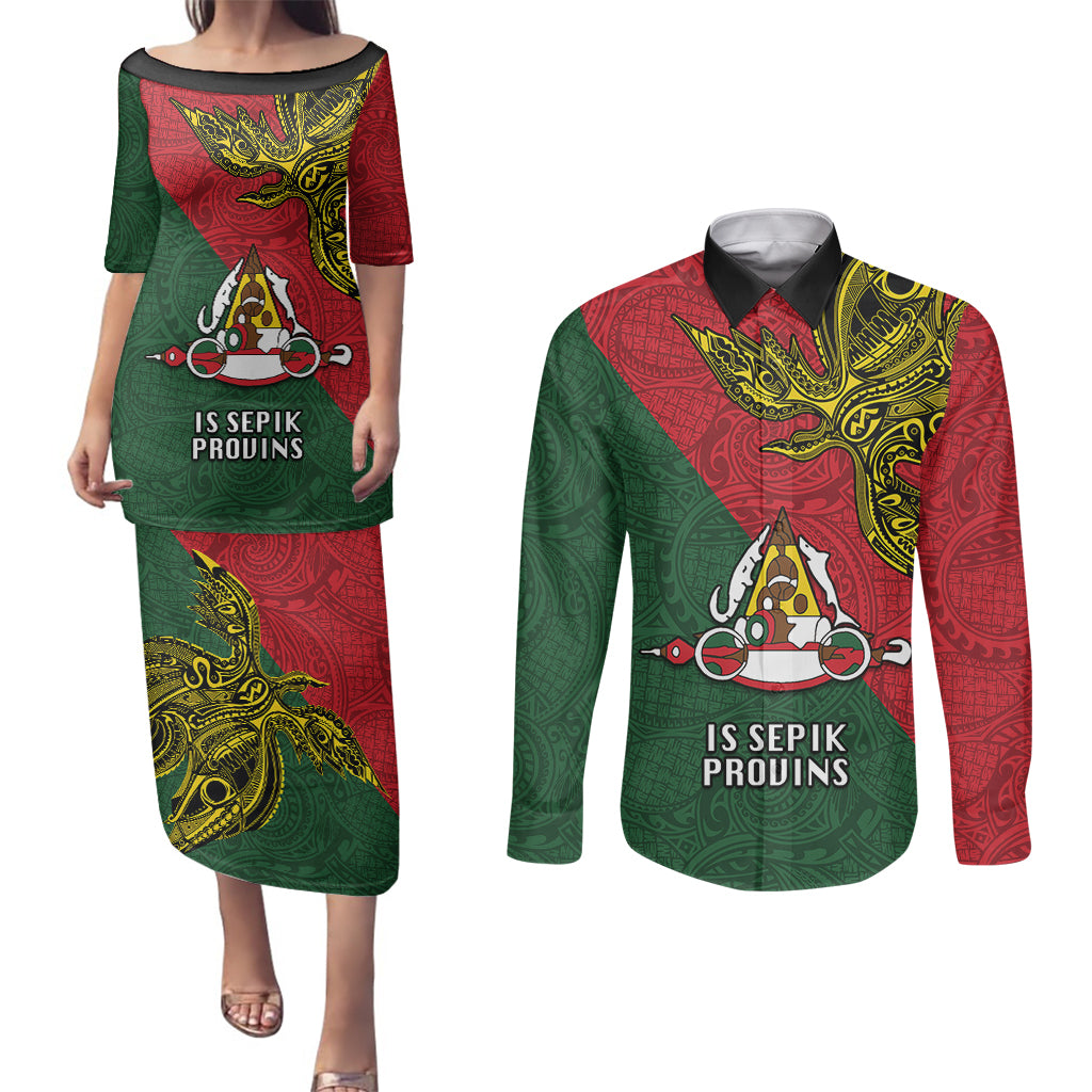 Custom Papua New Guinea East Sepik Province Couples Matching Puletasi Dress and Long Sleeve Button Shirts PNG Birds Of Paradise Polynesian Arty Style LT03 Green - Polynesian Pride