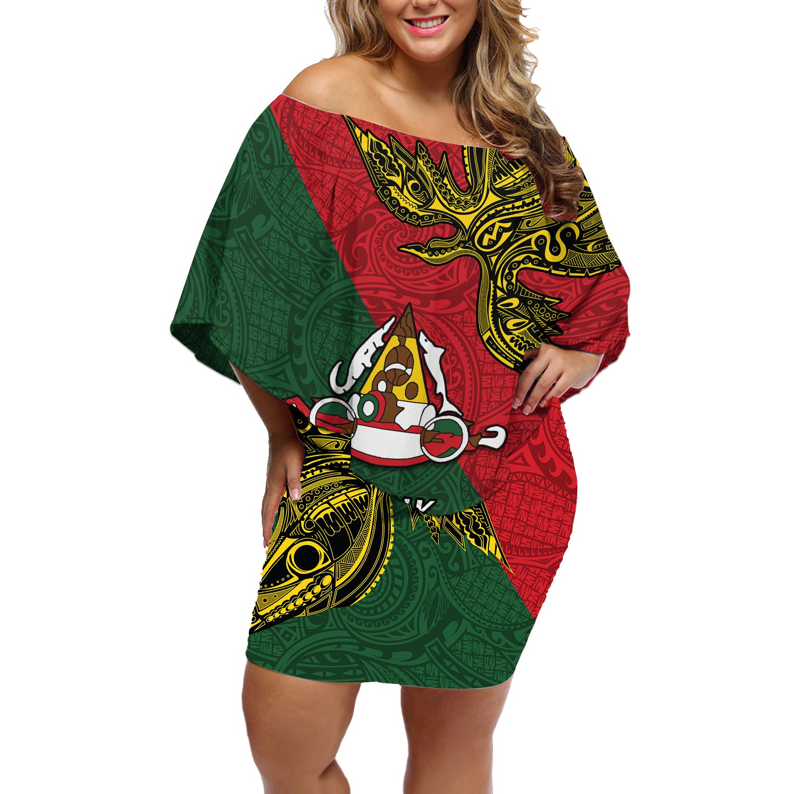 Custom Papua New Guinea East Sepik Province Off Shoulder Short Dress PNG Birds Of Paradise Polynesian Arty Style LT03 Women Green - Polynesian Pride